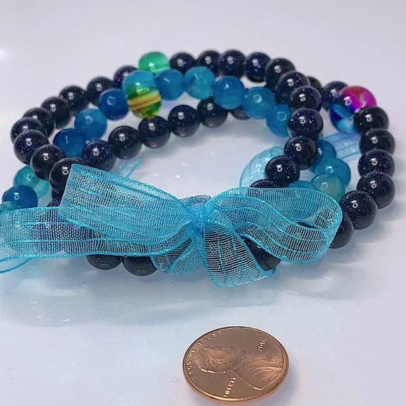 BLUE SANDSTONE + DRAGON VEINS  AGATE SET NATURAL BRACELETS size 7” - Picture 5 of 8